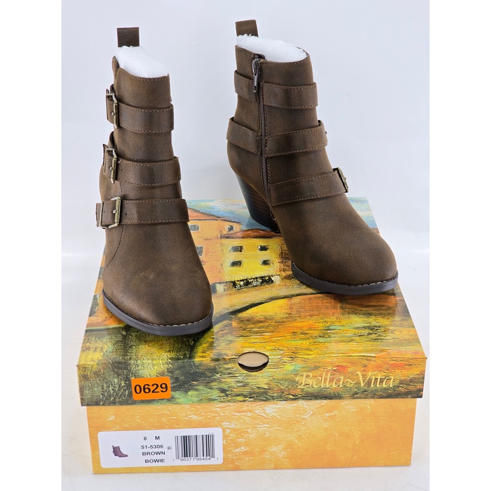 Bella Vita Bowie Ankle Boots Women 8 Brown Triple Buckle Block Heel - New